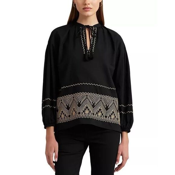 Lauren Ralph Lauren Embroidered Cotton Tassel Top Blouse New Medium - Picture 5 of 11